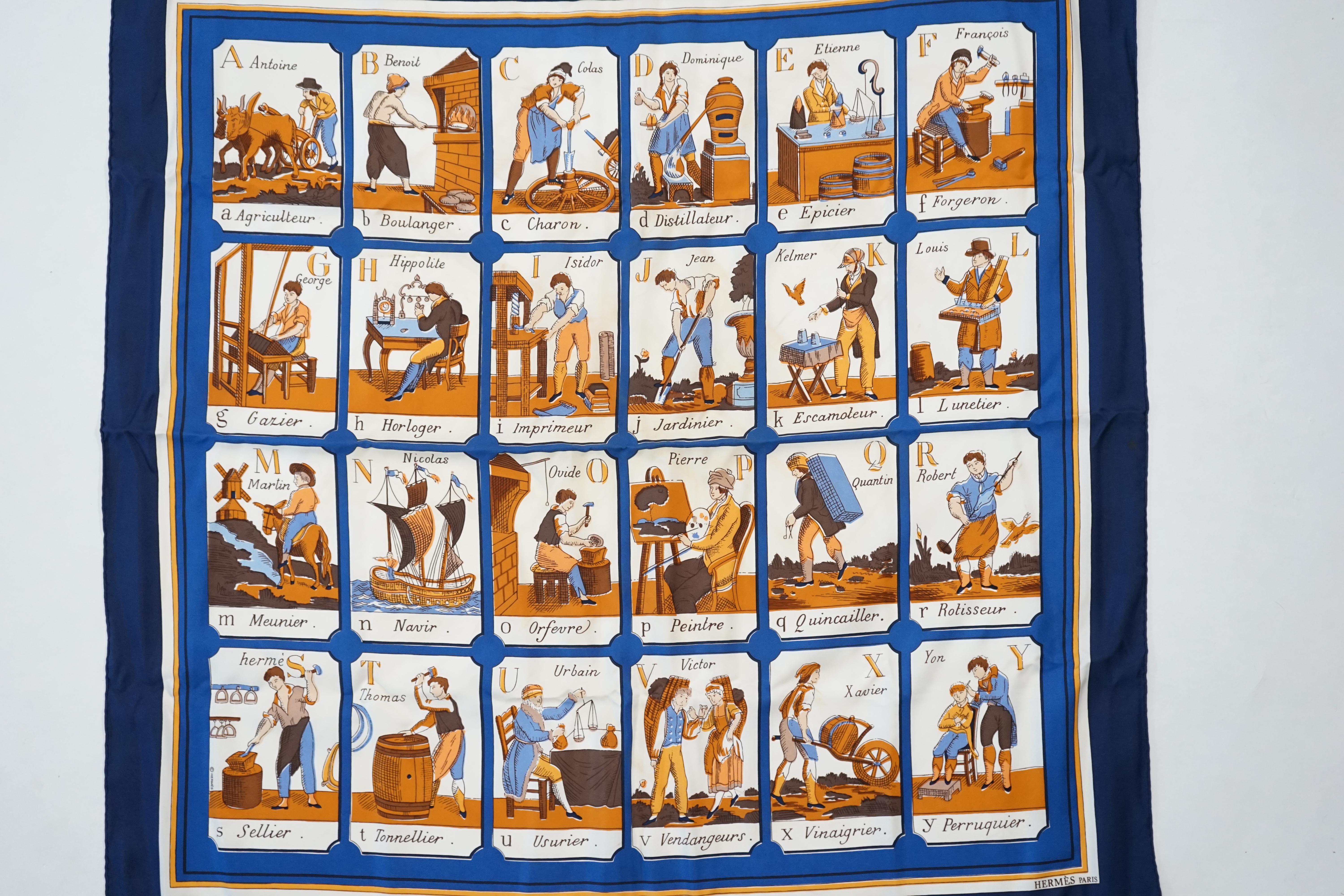 A Hermès L'Alphabet des Metiers 2011 Philippe Dauchez, approx 88cm x 87cm